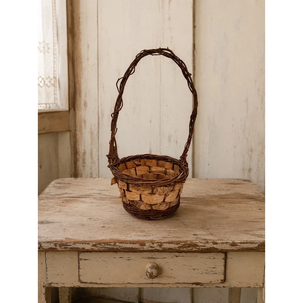 Vintage Grapevine and Wicker Basket Tall Arched Handle Rustic Farmhouse 16x8x7.5